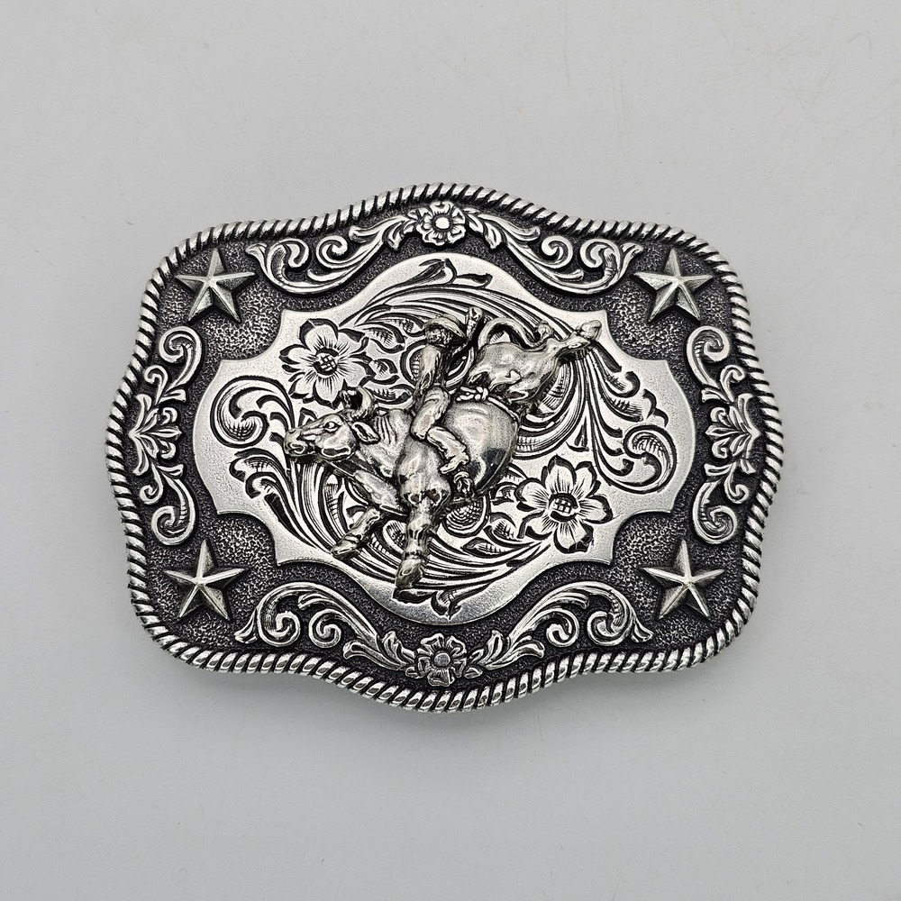 Nocona Western‎ Belt Buckle Bull Rider Rope Edge Rectangular Silver Tone Stars